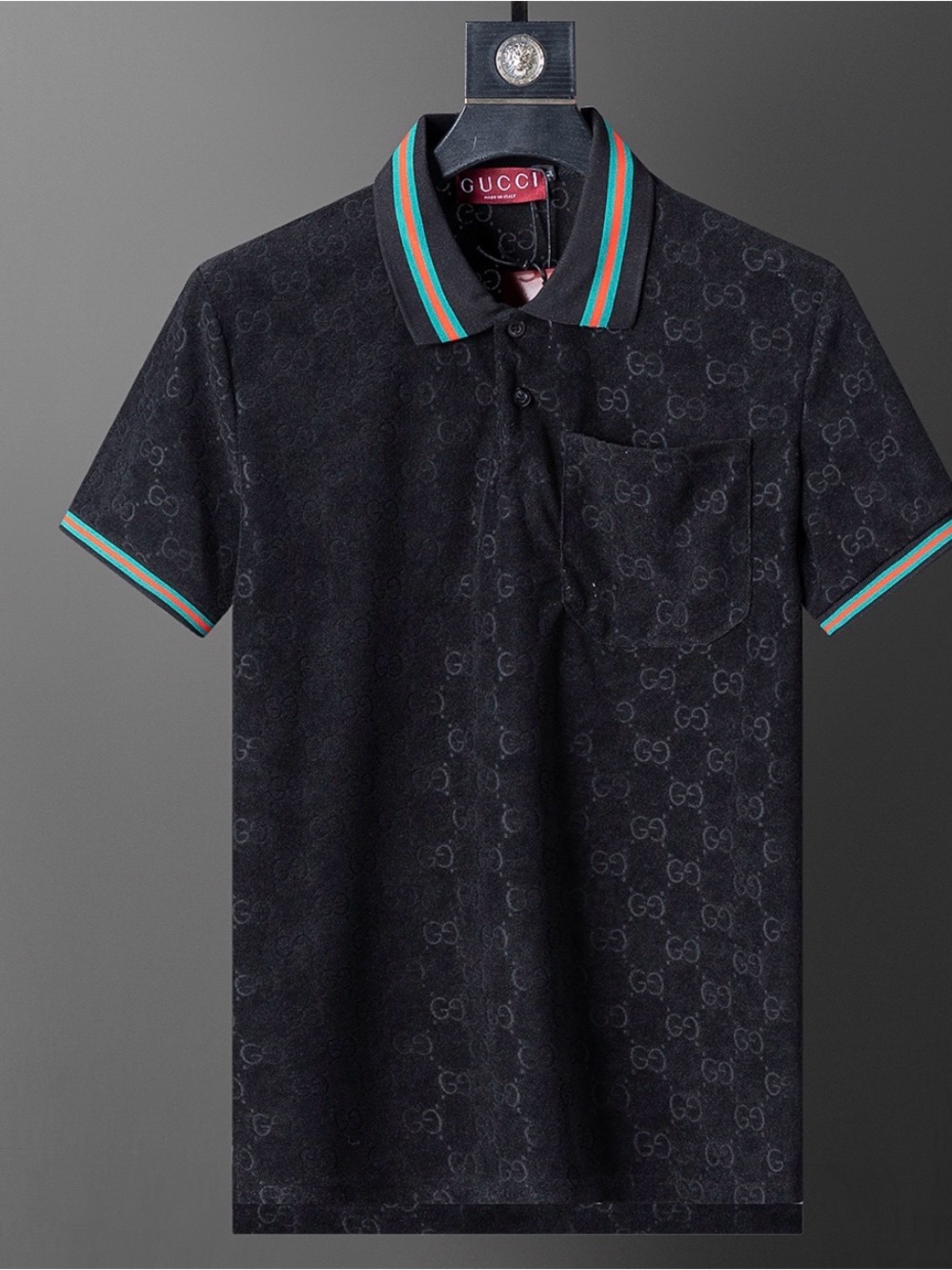 Gucci Black GG-Print Polo with Green and Red-Trim Collar